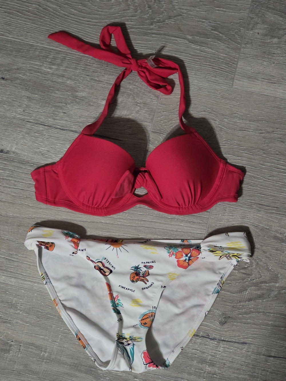 aerie Red Halter Push-Up Bikini Top with White Tropical Print Bottoms